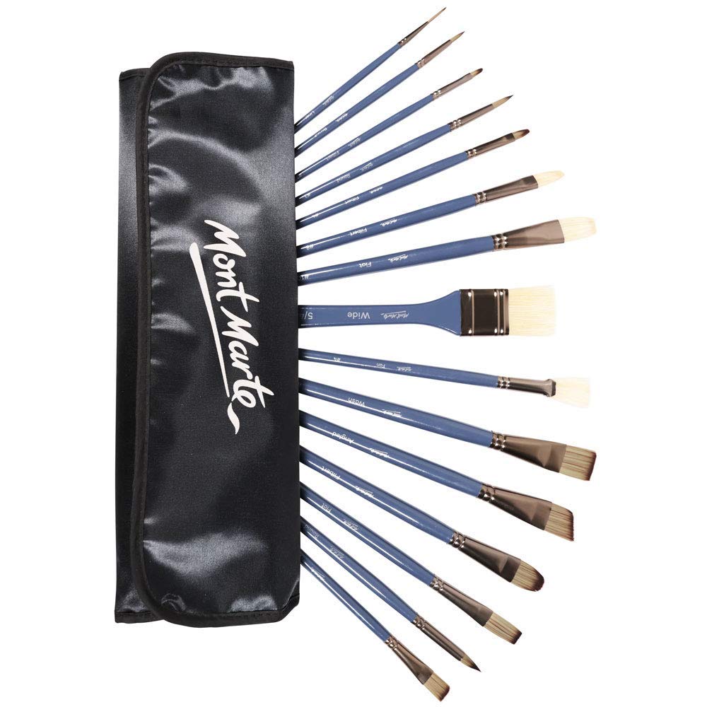 Mont Marte Premium Brush Wallet Set, 15 Piece, Includes Hog Bristle and Taklon Brushes, Great for Watercolor, Acrylic, Oil, Gouache and Tempera Painting