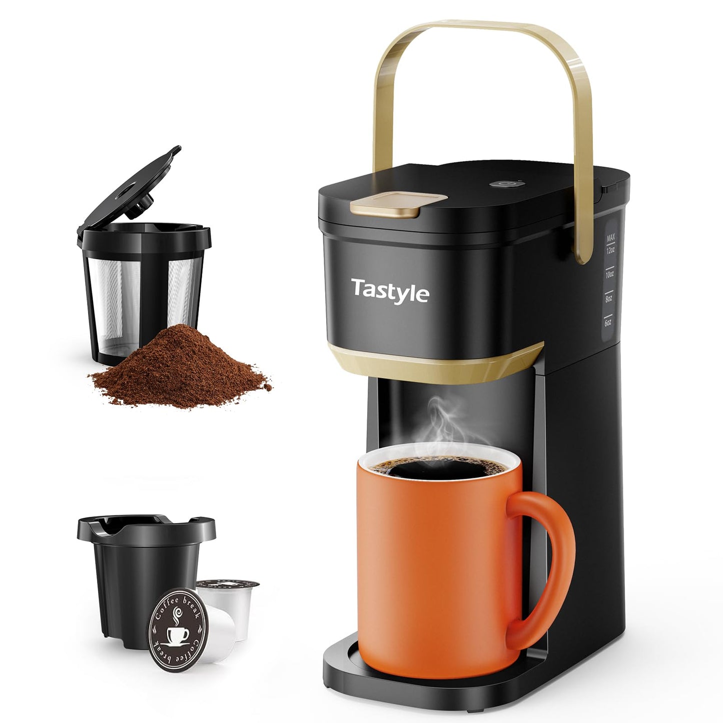 Tastyle Single Serve Mini Coffee Maker, for K Cups and Grounds, with Portable Handle, 6 to 12 Oz Brew Size, for Travel, Camping, Office, RV and Dorm, Black and Gold