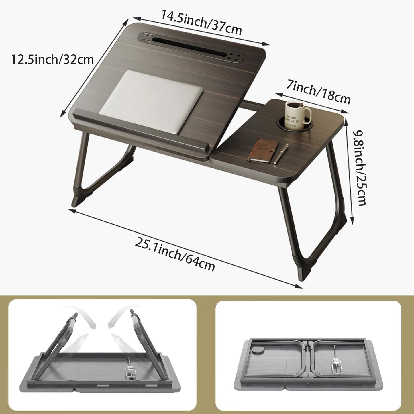 Laptop Desk for Bed, Adjustable Laptop Stand with 5 Adjustable Angles, Portable Lap Tray Table with USB Charge Port and Cup Holder, Laptop Bed Desk Tray for Writing Reading Working
