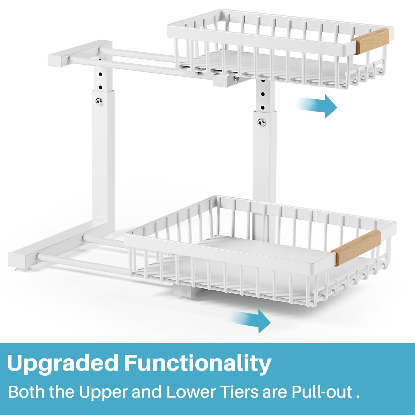 Jusdyrack 2 Packs Under Sink Organizer,Small Shelf for narrow spaces,2 Tiers Pull Out Under Cabinet Organizer,Adjustable Height,Slide Out Thickened Metal Under,White