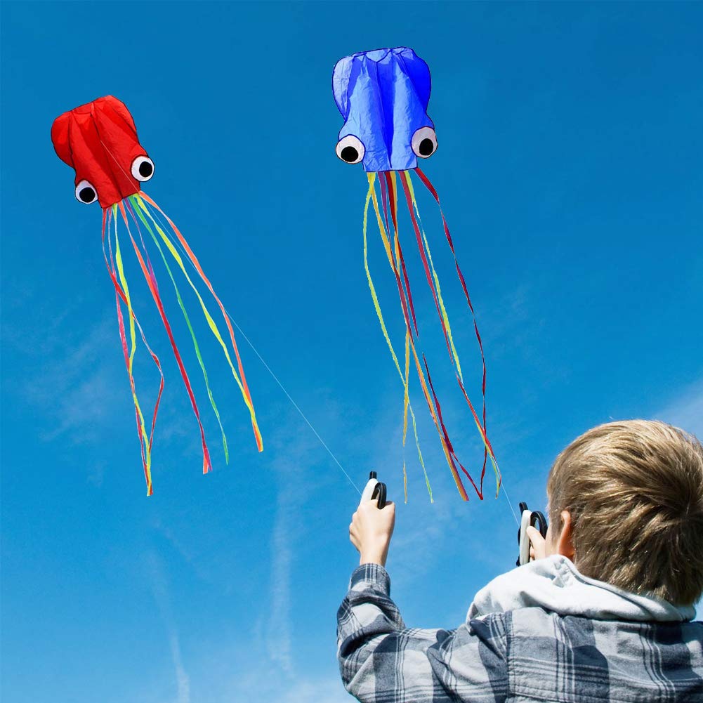 Set of 4 Large 157.5" High Cartoon Big Round Eyes Octopus Kites with Colorful Ribbon and Kite Board with 98.4 Foot String for Kids Toy Enjoy Parent-Child Time Beach Park Outdoor