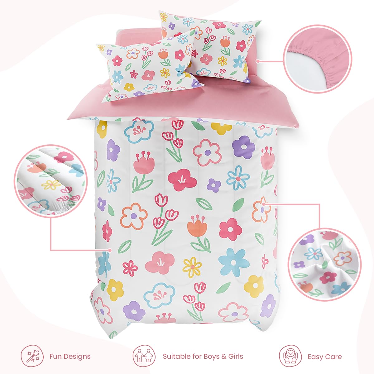 Floral Twin Bedding Sets for Girl, Ultra Soft Microfiber Comforter Bed Set with 3-Pieces, Flower Comforters Sets for Kids Children Girl Teen Tween Bedroom Décor