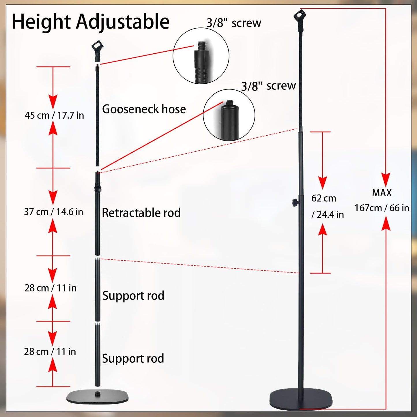 Microphone Stand, Gooseneck Mic Stand Floor for Singing Height Adjustable from 90cm to 167cm with Heavy Duty Base for Samson Fifine AM8 Blue Yeti Elgato AT2020 AT2040