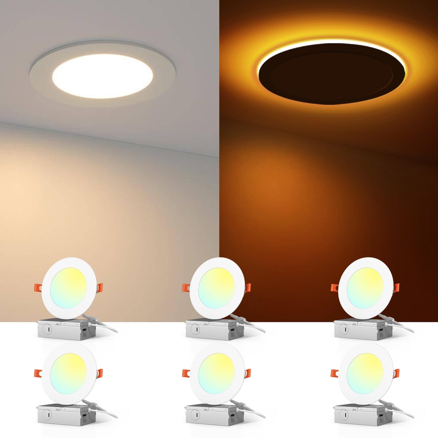 JESLED Pot Lights LED 4 inch with 2200K Night Light, 6CCT 2700K/3000K/3500K/4000K/5000K/6000K Dimmable Recessed Lights, 9W 750LM, ETL FCC Listed, 6 Pack