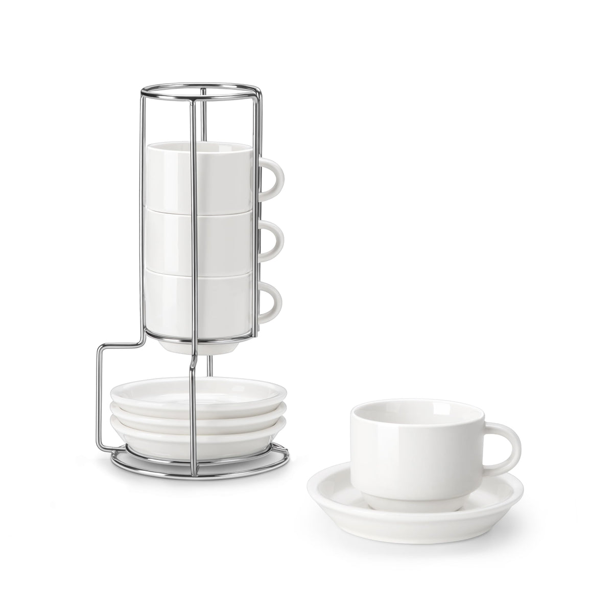 MALACASA 2.5 OZ Porcelain Espresso Cups with Saucers and Metal Stand Set of 4, Stackable Cappuccino Cups, White Expresso Shots Cup Set for Coffee Drinks, Latte, Tea