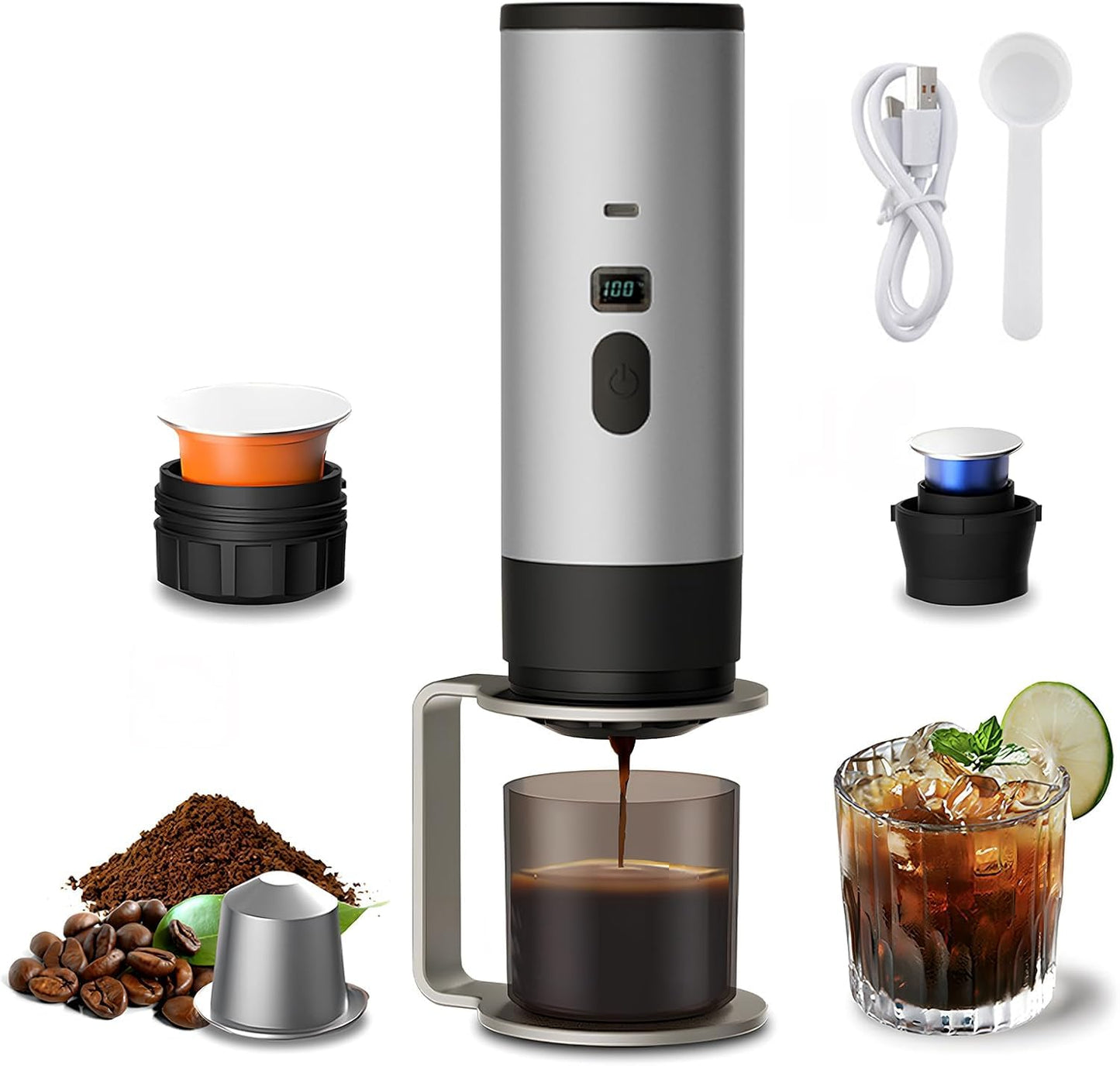 Portable Coffee Maker,Self-Heating Travel Coffee Maker Compatible with NS, DG Pods & Ground Coffee, Mini Espresso Machine for Car Camping, Hiking With Stand