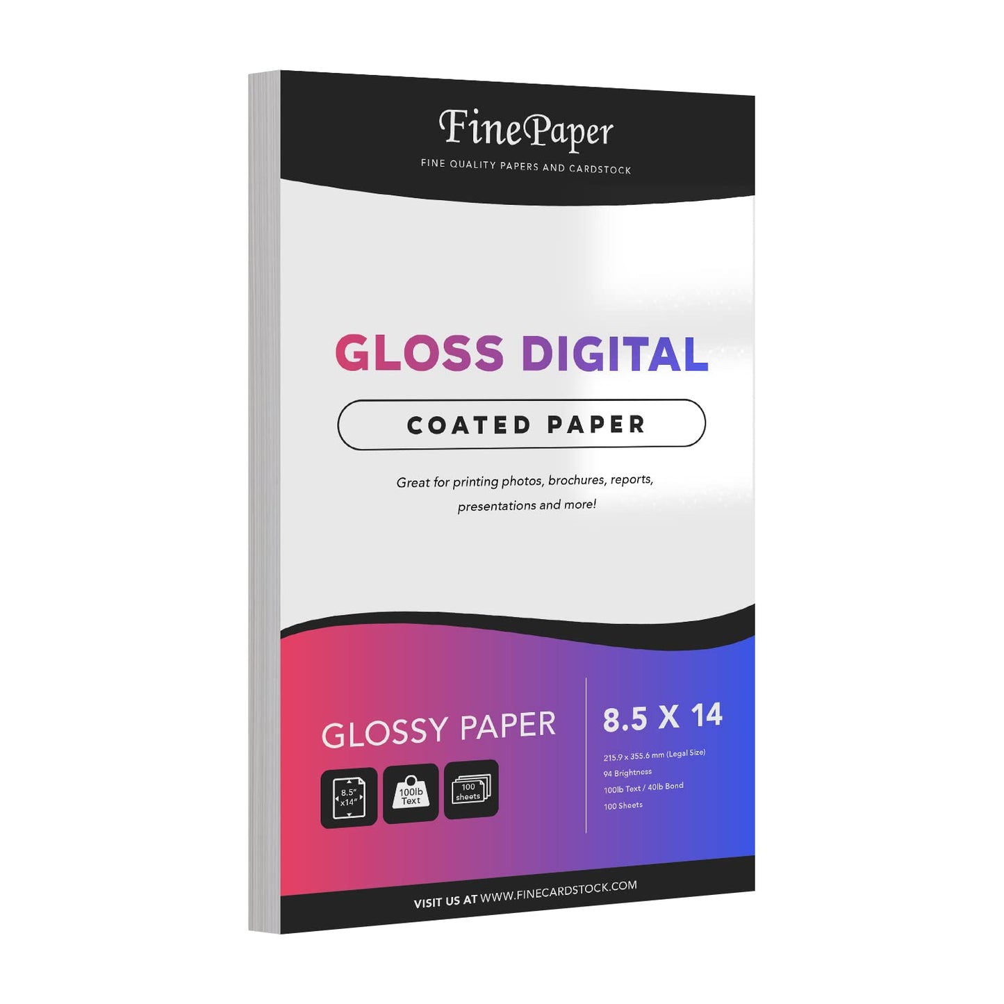 Gloss Digital Paper – Perfect for Color Laser Printing, Design Proposals, Flyers and Brochures | 8.5" x 14" | Glossy 100lb Text (40lb Bond) Paper | 94 Bright | Acid Free, Coated Finish | 100 Sheets