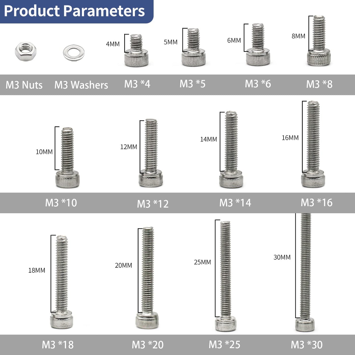 1280 Pieces M3 Screws Metric Stainless Steel 304 Hex Socket Head Cap Screws Bolts Nuts Washers Assortment Kit