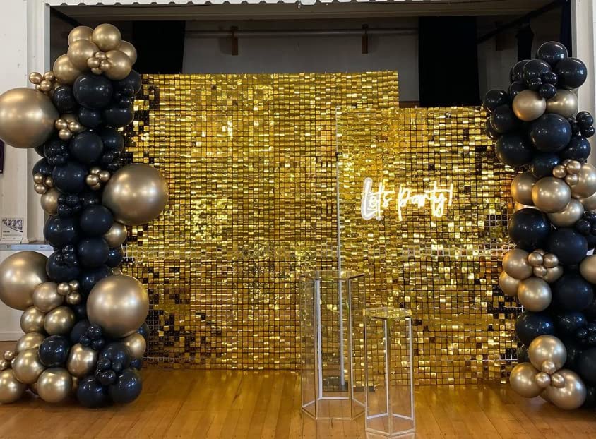 Shimmer Wall Backdrop-24 Panels Square Sequin Party Backdrop, Photo Backdrops for Birthday, Anniversary, Wedding, Graduation Party Decoration (Gold)