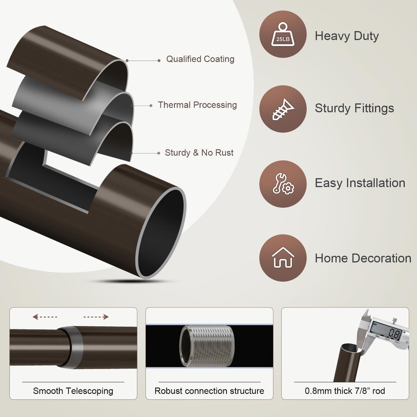Brown Curtain Rods for Windows 48 to 84 Inches Adjustable Length Heavy Duty 7/8" Diameter Window Curtain Rod with Decorative Finials for Outdoor Farmhouse Bedroom Kitchen Living Room