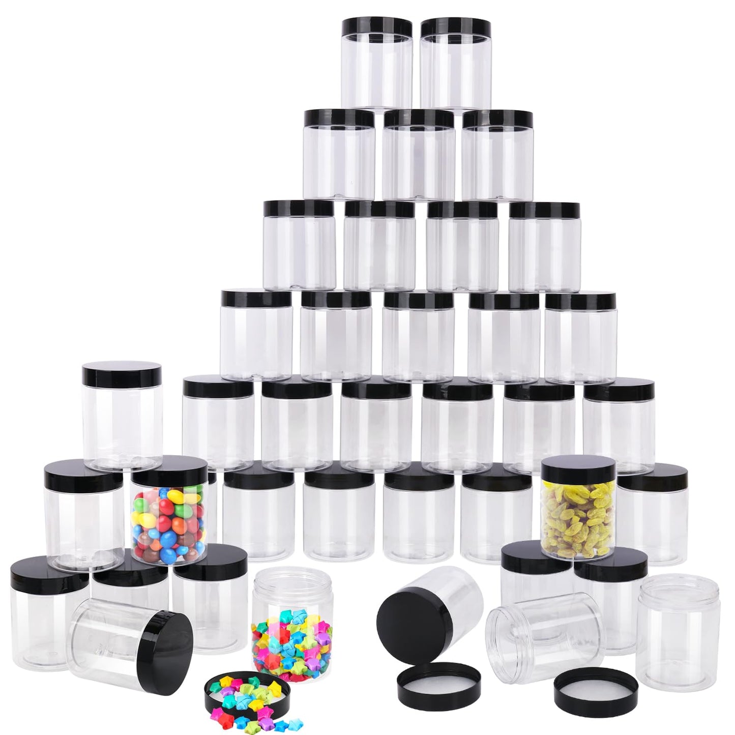 IHDYPPEW 48 Pack 8 OZ Clear Plastic Jars with Black Lids, Empty Plastic Mason Jars, Plastic Cosmetic Jars with Lids for Cream, Body Butters, Moisturizers, Candy, Beads, Samples (Clear)