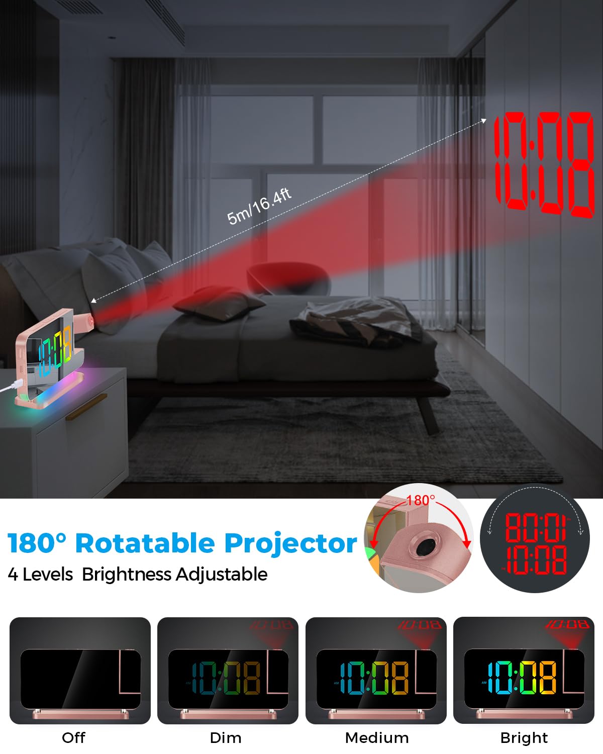 SZELAM Projection Alarm Clock,7.4 in LED Mirror Digital Clocks Projection on Ceiling Wall,with RGB Night Light,USB C Charging Port,Auto Dimming,Modern Desk Clock for Bedroom Decor - Rose Gold