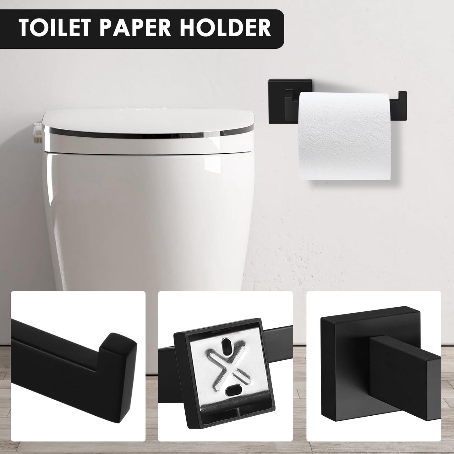 Bathroom Accessories Set,5-Piece Bathroom Towel Holder, Includes 16Inch Towel Bar Set, SUS304 Stainless Steel Toilet Paper Roll Holder,Matte Black Square Towel Ring, 2 Towel Hooks for Bathroom,Kitchen