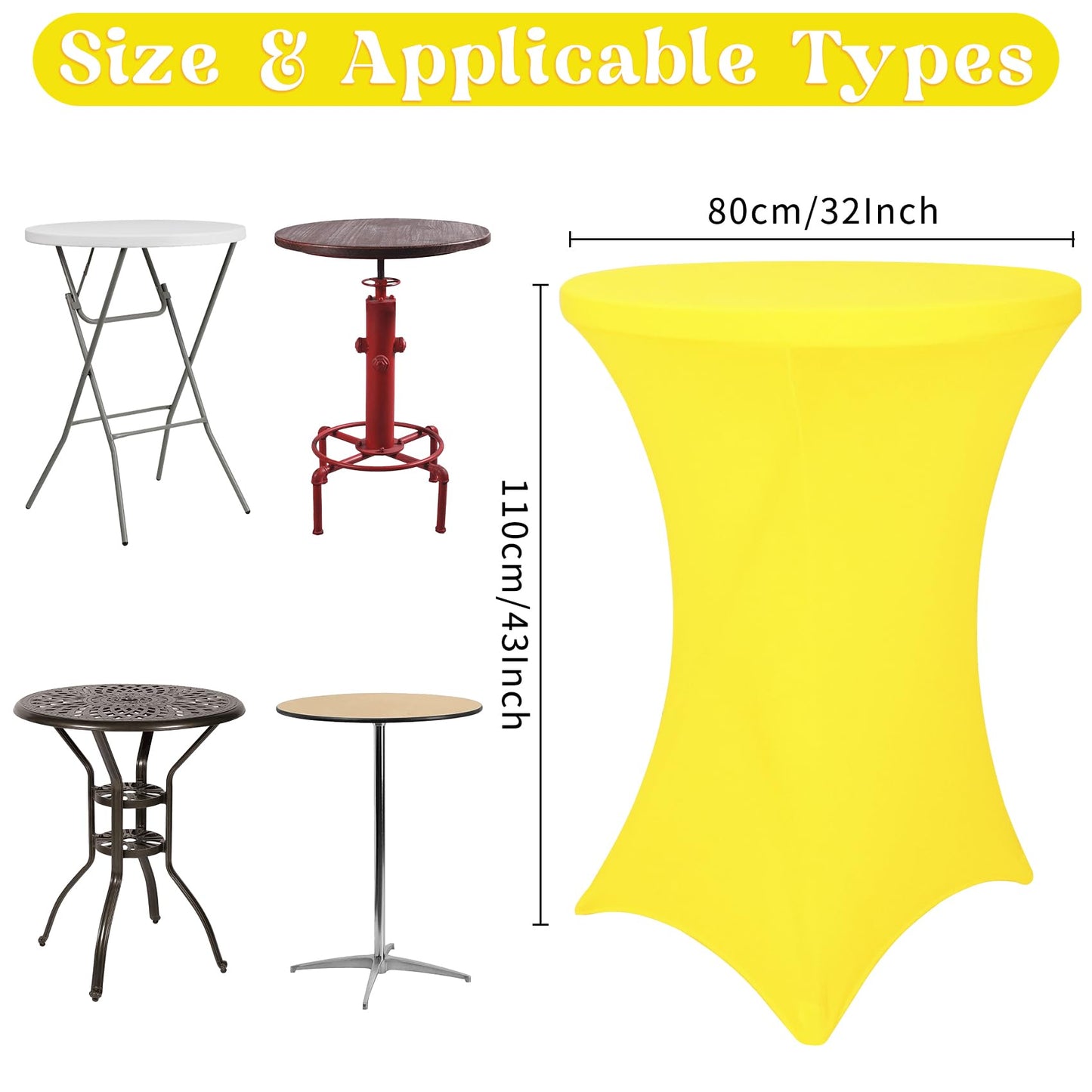 8 Pack Cocktail Table Covers 32x43 Inch Fitted Stretch Spandex Square Corners Yellow Table Cover High Top Cocktail Tablecloth for Round Table Cloth for Party, Wedding, Birthday, Banquet(Yellow)