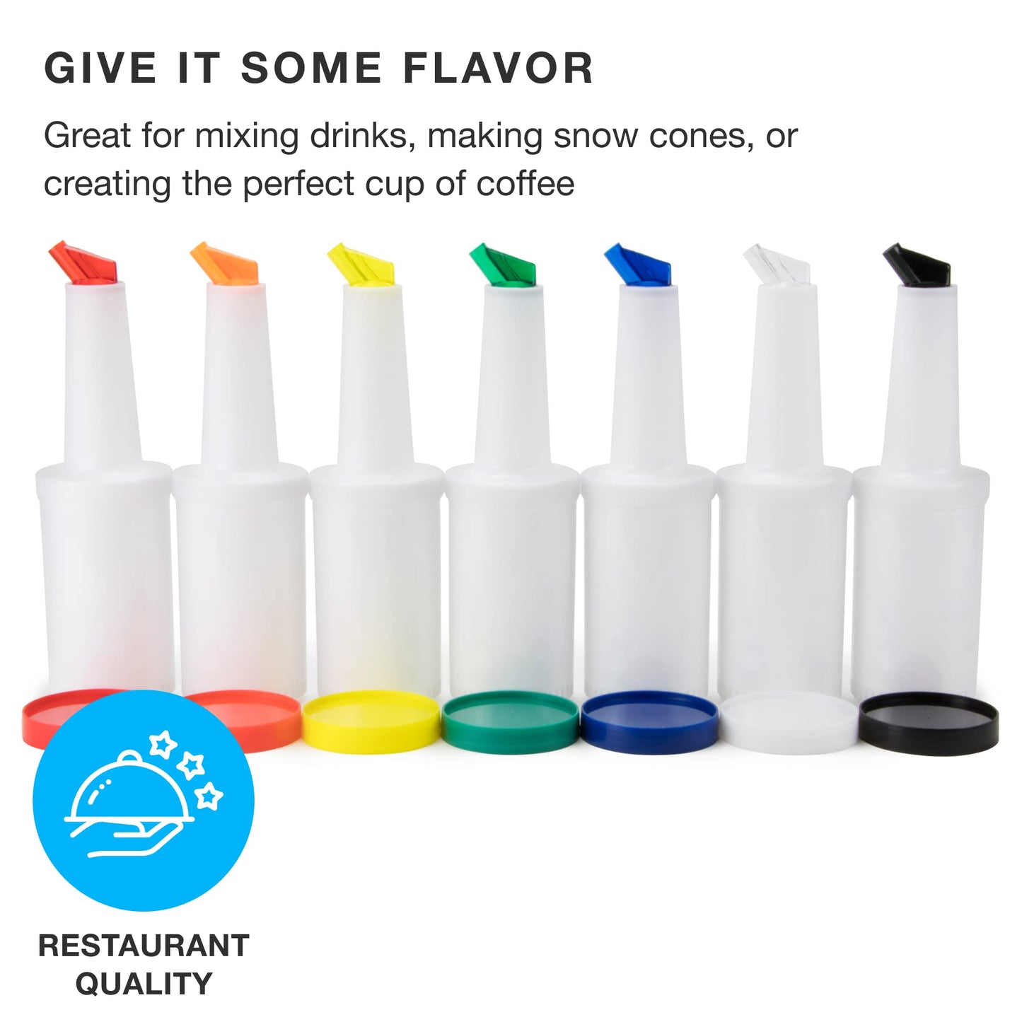 Cocktailor 7 Pack of Colorful Juice Pouring Spout Bottle Containers - 32 oz Plastic Barware for Mixing, Pouring, and Storing Cocktails, Juices, Syrups, Oils