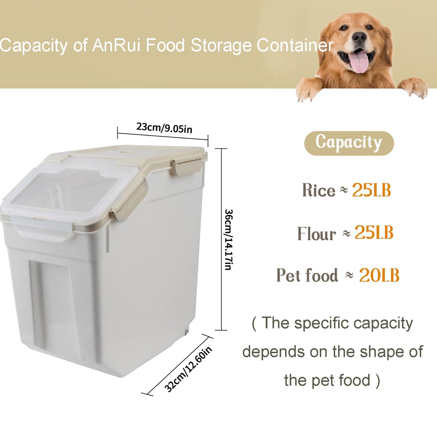 AnRui Airtight Flour Storage Container 25Lb, Large BPA Free Plastic Rice Storage Dispenser Kitchen Pantry Organizer Box Pet Dog Cat Food Storage Container Bin,Grey
