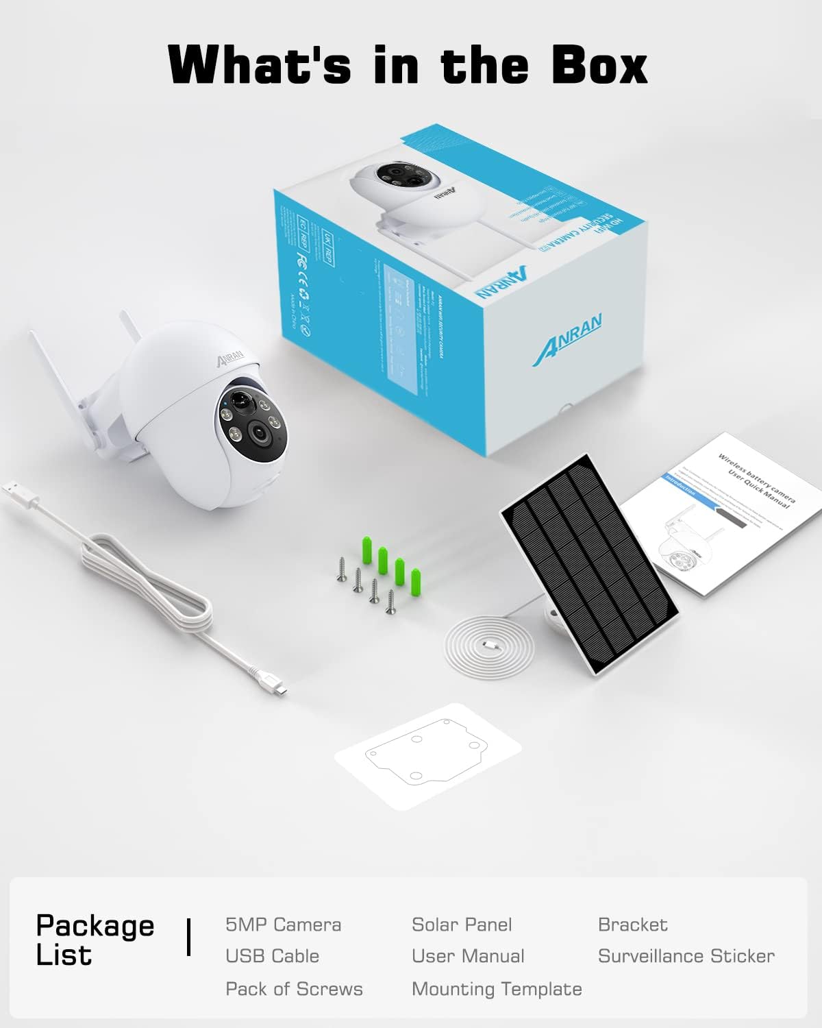 ANRAN Solar Security Camera Outdoor, 5MP Security Camera Wireless Outdoor, Battery Powered Cam 2.4G WiFi 360° View Pan Tilt, with Alexa, Night Vision, PIR Human Detection, 2 Way Talk, IP65, SD/Cloud