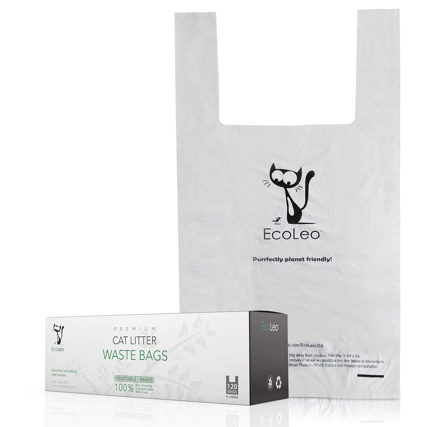 EcoLeo Cat Litter Waste Bags - X-Large, Compostable, Plastic-Free, Thick, Leak Proof, Pet/Dog Poop Bags with Easy-Tie Handles,10.5 x 18.5 inch (120 Count)