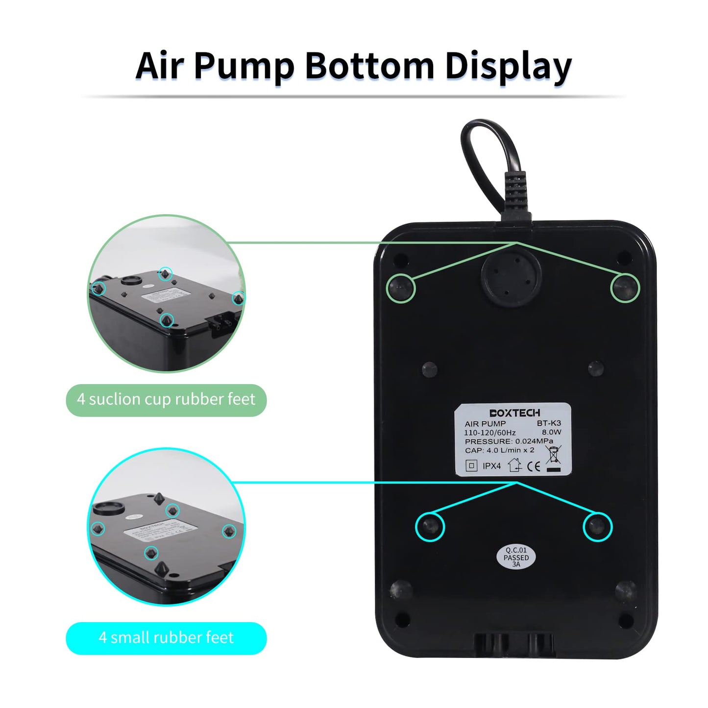 Boxtech Fish Tank Air Pump - Aquarium Adjustable Fish Oxygen Pump, Ultra-Quiet Aerator Bubbler with Dual Outlet