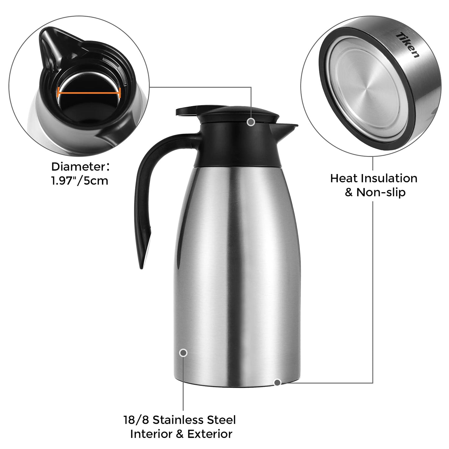 Tiken 68 Oz Thermal Coffee Carafe, Stainless Steel Insulated Vacuum Coffee Carafes for Keeping Hot, 2 Liter Beverage Dispenser (Silver)