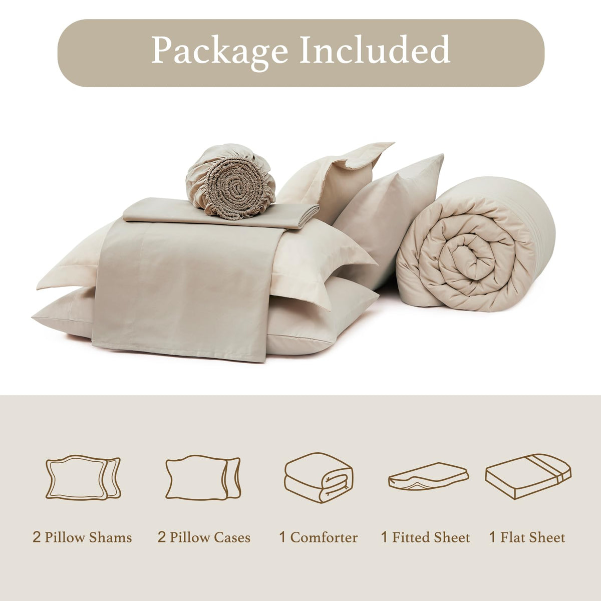 Monbix Queen Comforter Set - 7 Pieces Apricot Beige Bed in a Bag Queen Bedding Sets with Comforters, All Seasons Comforter Bed Set with Sheets, Pillowcases & Shams