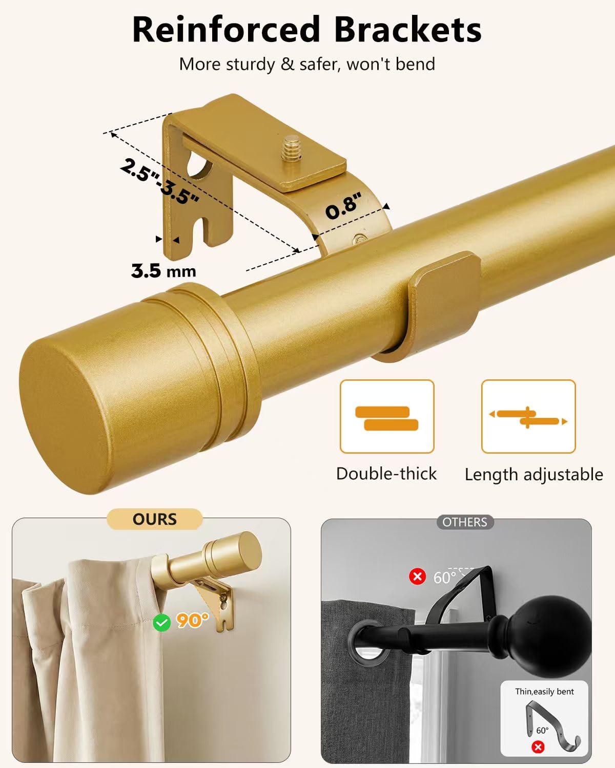 ASULUPHY Gold Curtain Rod, 1 Inch Diameter Heavy Duty Curtain Rods for Window 32-116 in, Extra Long Curtain pole with Thicker Brackets, Curtain Rod for Sliding Doors, Living Room, Bedroom, Patio