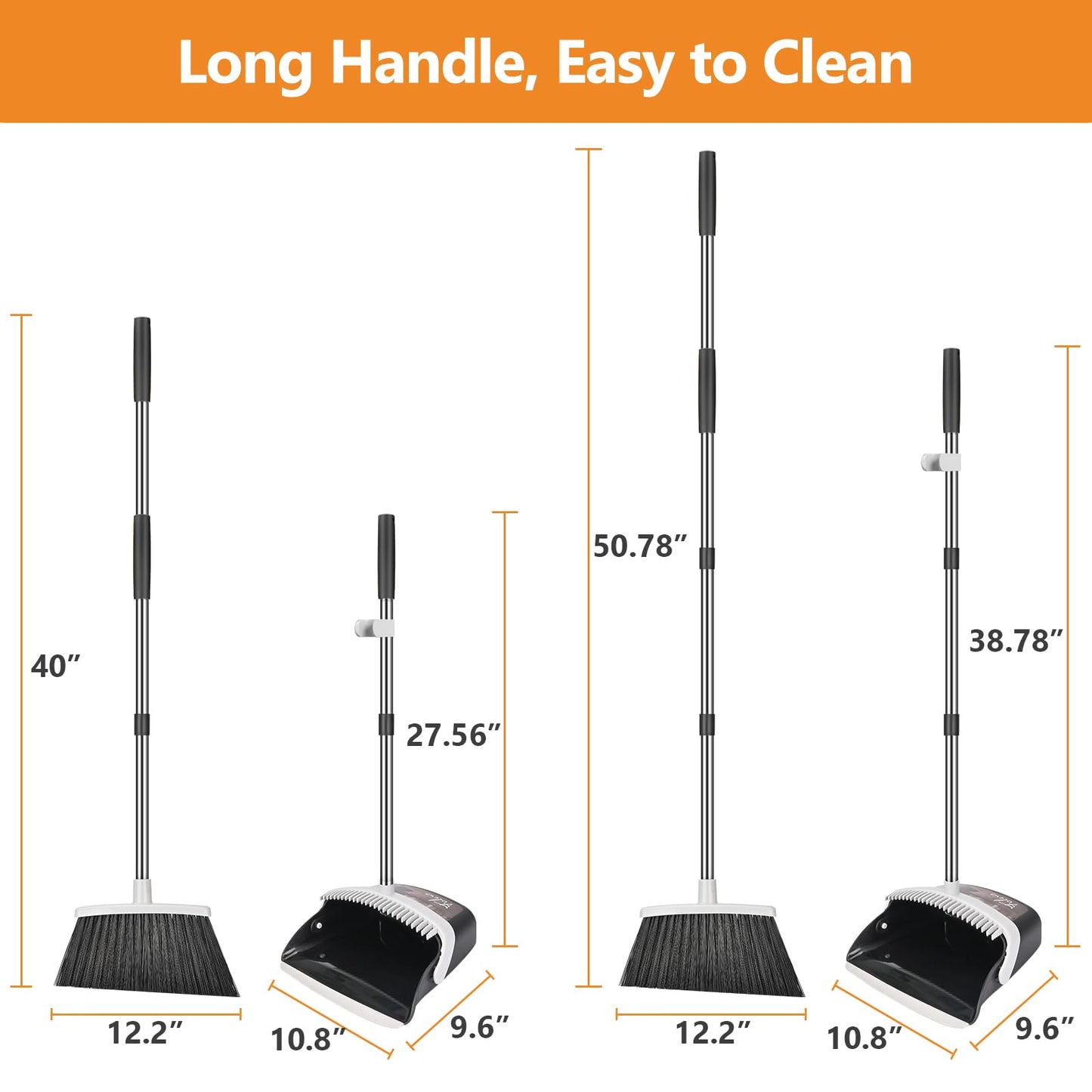 Folews Broom and Dustpan Set, Dust Pan and Broom with Long Handle Heavy Duty Broom Dustpan Combo for Home Kitchen Office Indoor Outdoor Sweeping 51 Inch Broom for Floor Cleaning