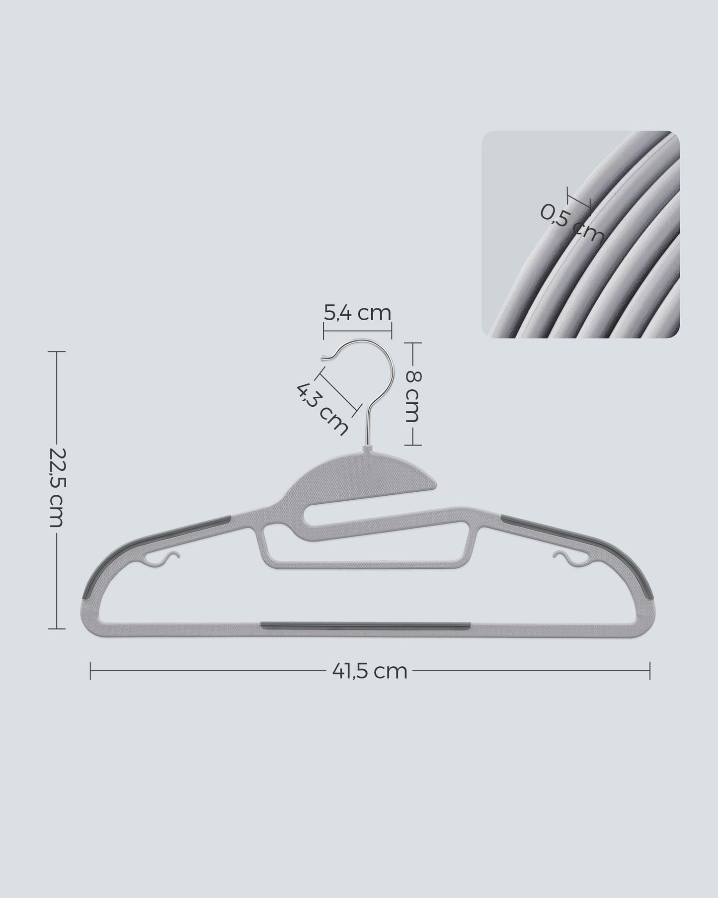 SONGMICS 50 Pack Coat Hangers, Heavy-Duty Plastic Suit Hangers, S-Shaped Opening, Non-Slip, Space-Saving, 360º Swivel Hook, 16.3 Inches Long, Light Gray and Dark Gray UCRP41G-50