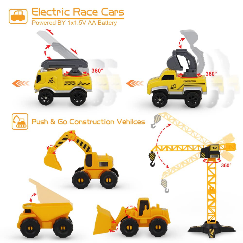 Construction Race Tracks Set, Flexible Train Tracks w/ 2 Electric Construction Race Vehicles w/Lights, STEM Engineering Race Track Toys with Dump Truck, Crane Assort Acessories for Boys Girls