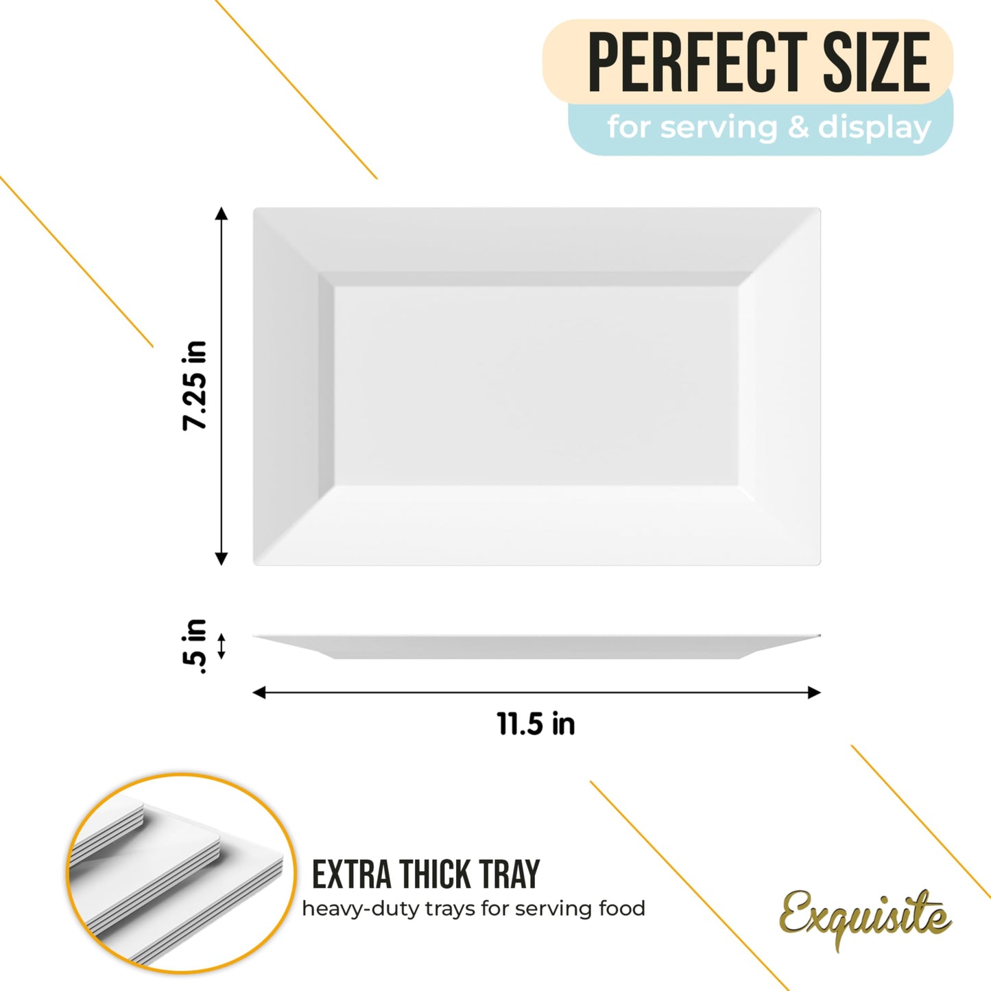 Exquisite 11.5 Inch. White Rectangular Premium Plastic Plates - 40 Count