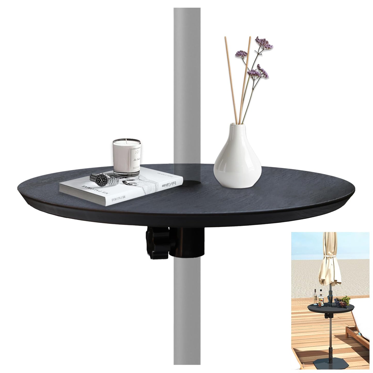 C-Hopetree 20" Patio Outdoor Umbrella Table Tray with 1.5" Hole, Small Round Top for Backyard, Pool, Beach, Deck, Garden, Black