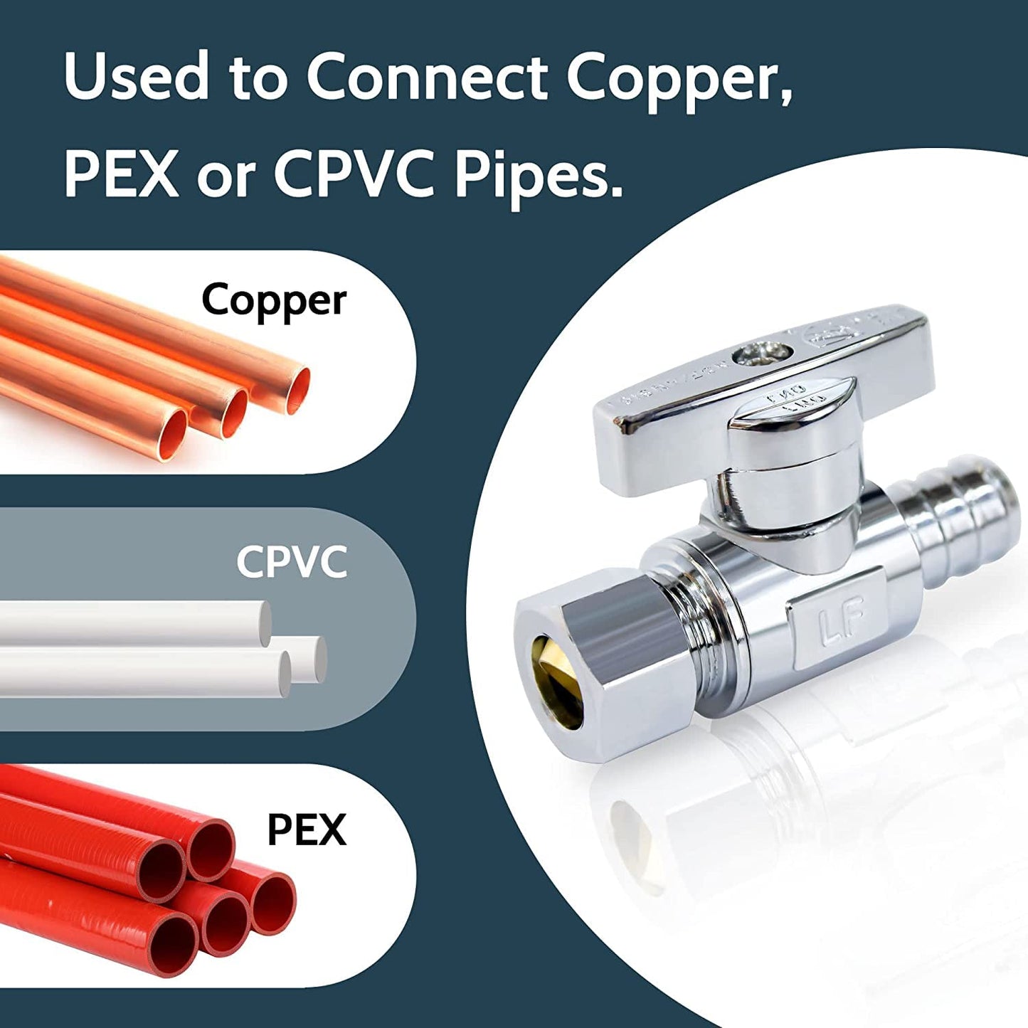 VINTEX 1/2 Inch Pex x 3/8 Inch Od Comression Pex Straight Valve 5 Pack,Pex Shut Off Valve,Quarter Turn Water Shut Off Valve,Solid Brass,Pex,CVPC