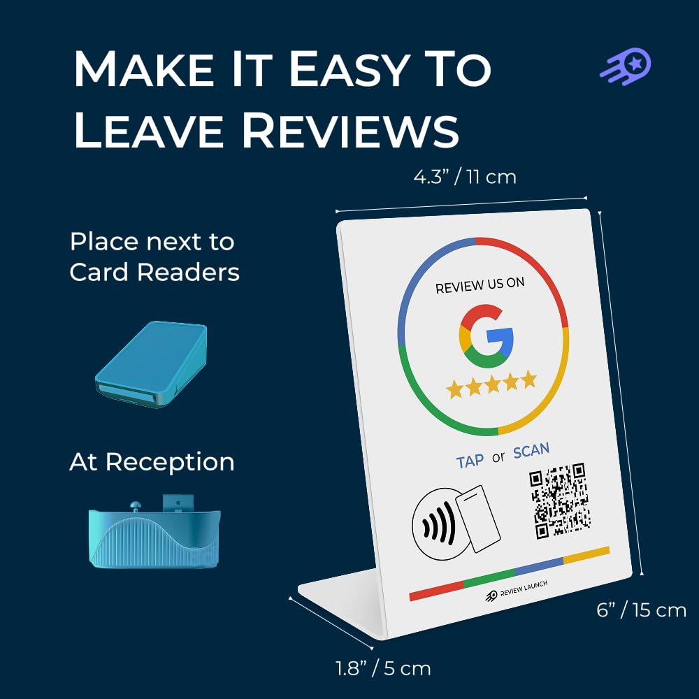 Review Launch Review Stand Compatible with Google Reviews | Boost Online Reviews and Google Rank with Fast Zappy NFC Tap Card QR Code Stand Works Like Digital Business Card (Large Stand, 3 Pack)