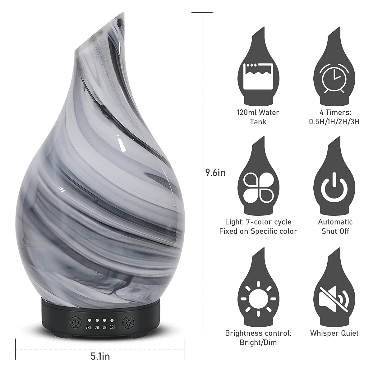 Essential Oil Diffuser 120ml Ultrasonic Aromatherapy Diffuser with Handmade Glass BPA Free Auto Shut-Off Protection, 4 Timer Setting 7 Colors Changed LED for Home Yoga Office