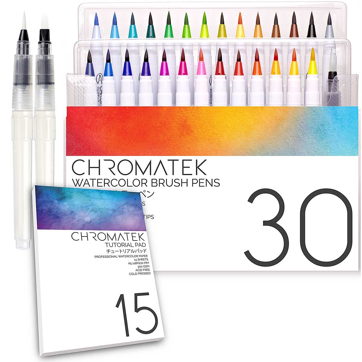 CHROMATEK 30 Watercolor Brush Pens - 15 Page Tutorial Pad and Online Video Series - Real Brush Tip, Vivid, Blendable - Professional Artist Quality - 27 Colors - 3 Aquapens