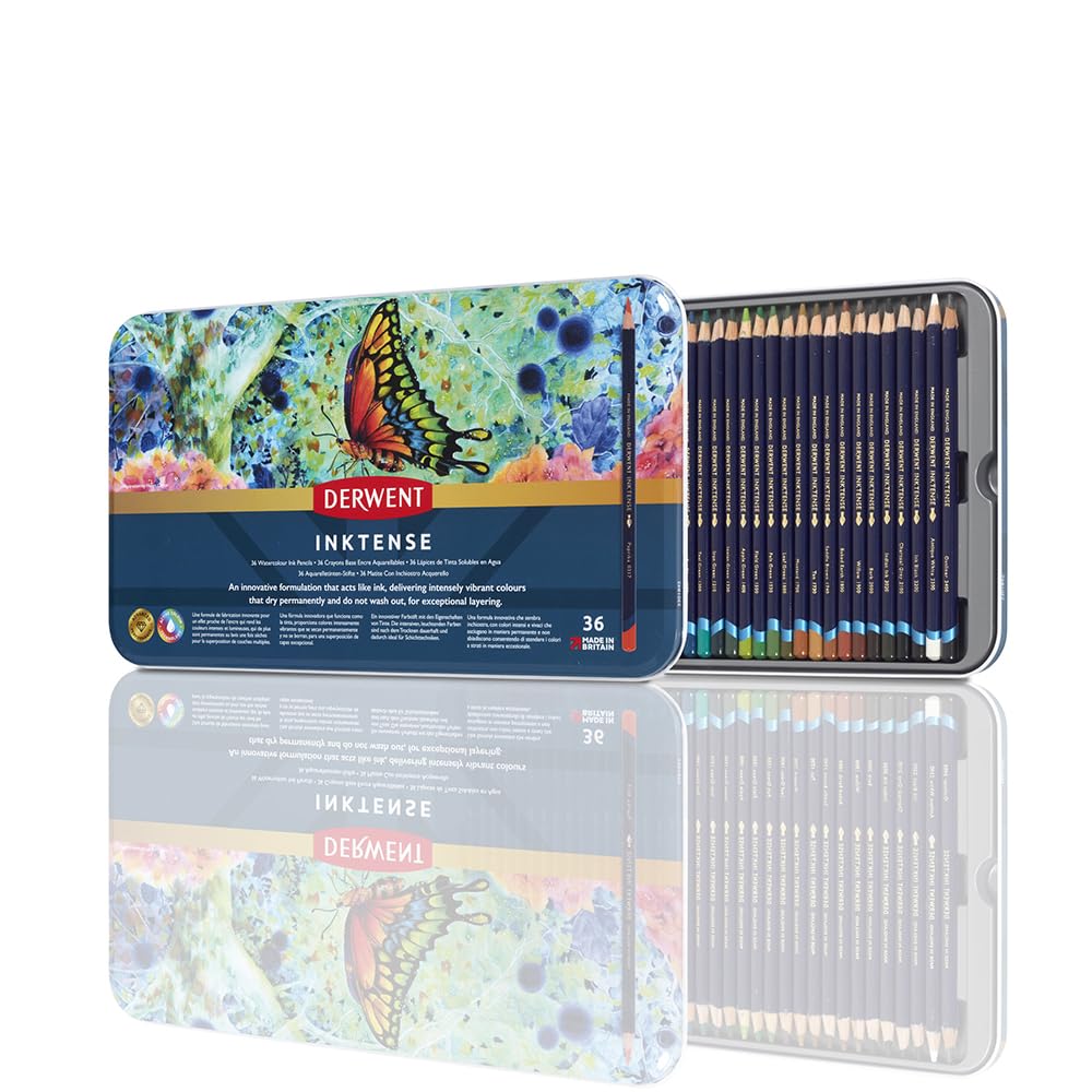 Derwent Inktense Pencils Tin, Set of 36, Great for Holiday Gifts, 4mm Round Core, Firm Texture, Watersoluble, Ideal for Watercolour, Drawing, colouring and Painting on Paper and Fabric (2301842)