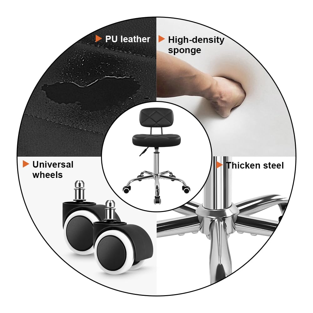 KKTONER Office Chair with Back Office Stool with Wheels Height Adjustable Square stools for Drafting Home Work (Black)