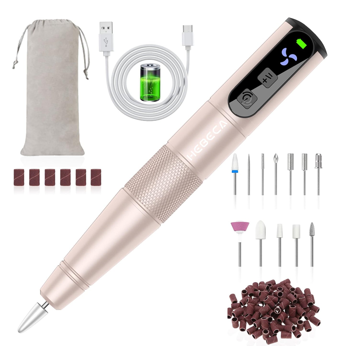 HEBECA Cordless Nail Drill Set - Professional Electric Nail File with 12 Drill Bits 26 Sanding Bands for Natural or Acrylic Gel Nails -Rechargeable Nail Drill Machine Home Use