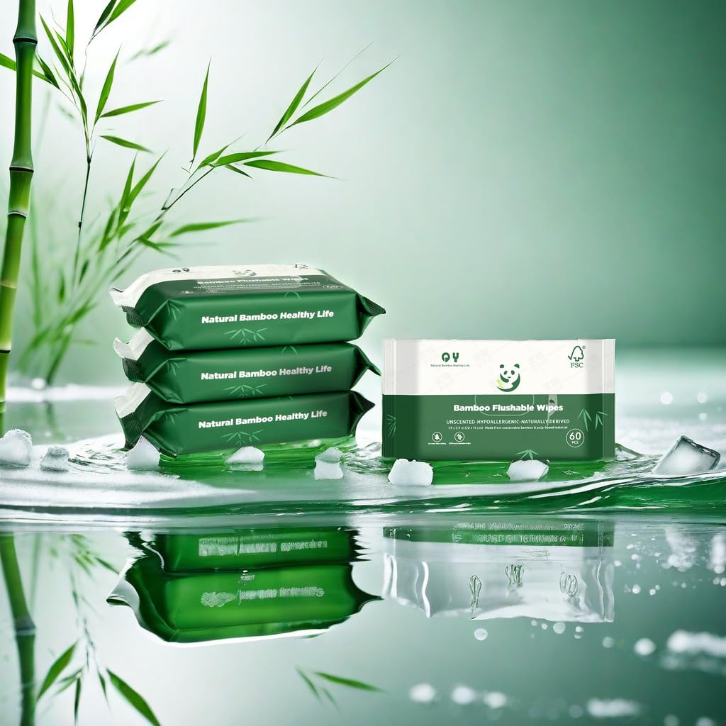 QingYa Bamboo Flushable Wipes,Septic Safe,Soft, Soothing Botanicals & Aloe, Unscented,Eco Friendly, Natural Brown Bamboo-Pulp Based Flusable Wipes for Women/Kids/Adults 360Count (6 Packs of 60)