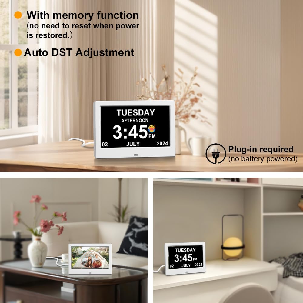 Alarm Clock with Day and Date for Elderly Digital Calendar Clock Photo Frame- Auto Dimmable Display 15 Alarm Options (7inch White)
