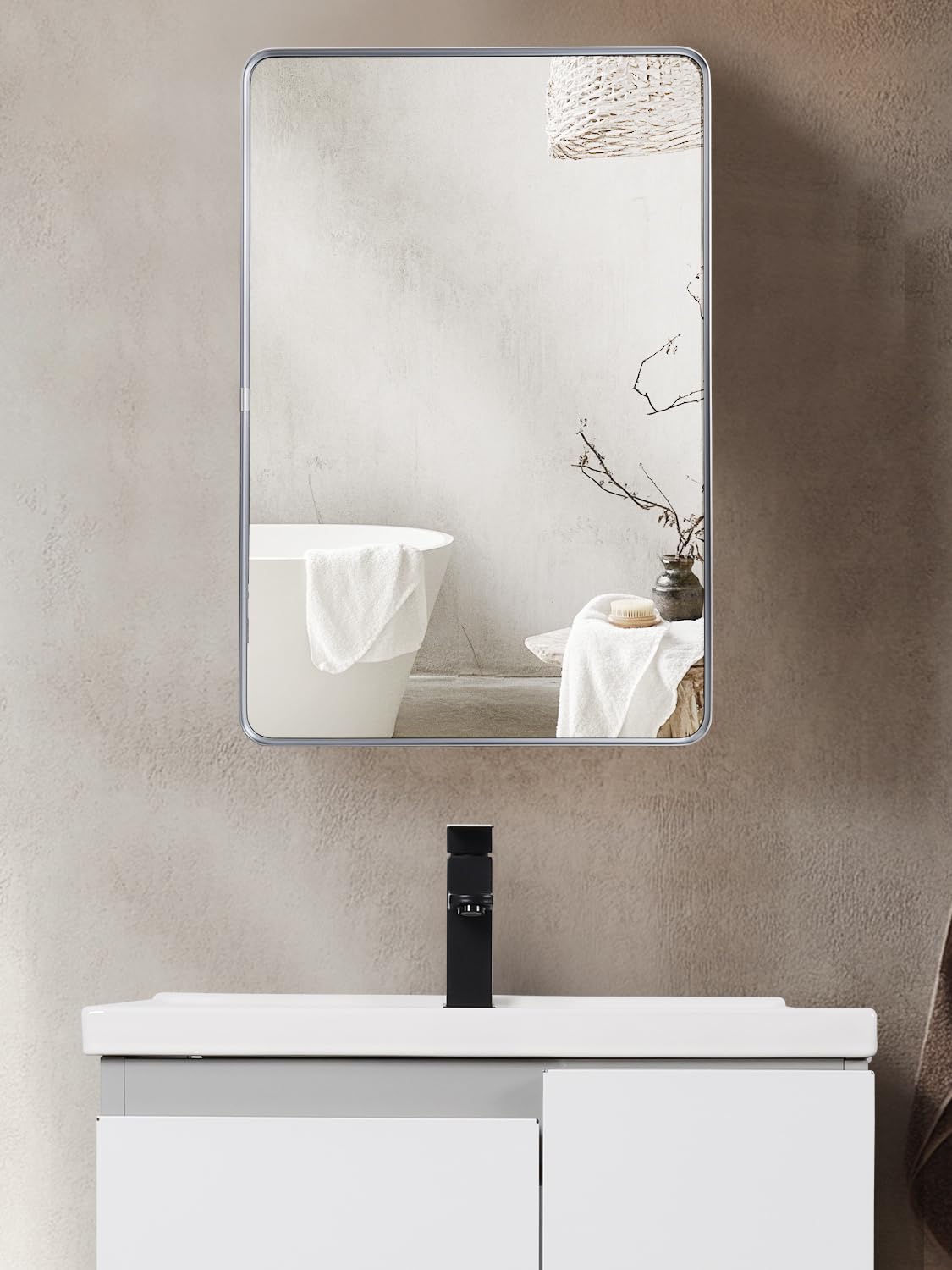 Avidanza 16x24 Inch Bathroom Medicine Cabinet with Mirror, Small Farmhouse Surface Cabinet with Soft-Close Hinges, Rounded Corner Aluminum Metal Vanity Frame & Glass, with 2 Toothbrush Holders (Grey)