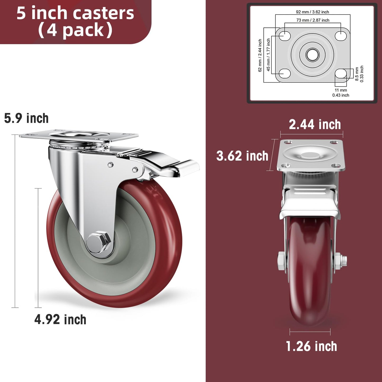 Casters Set of 4 Heavy Duty - Caster Wheels 5 Inch, CLOATFET Locking Wheels, Swivel Casters with Brake (Top Plate), Double Ball Bearing Non Marking Castor Wheels for Cart Furniture Workbench