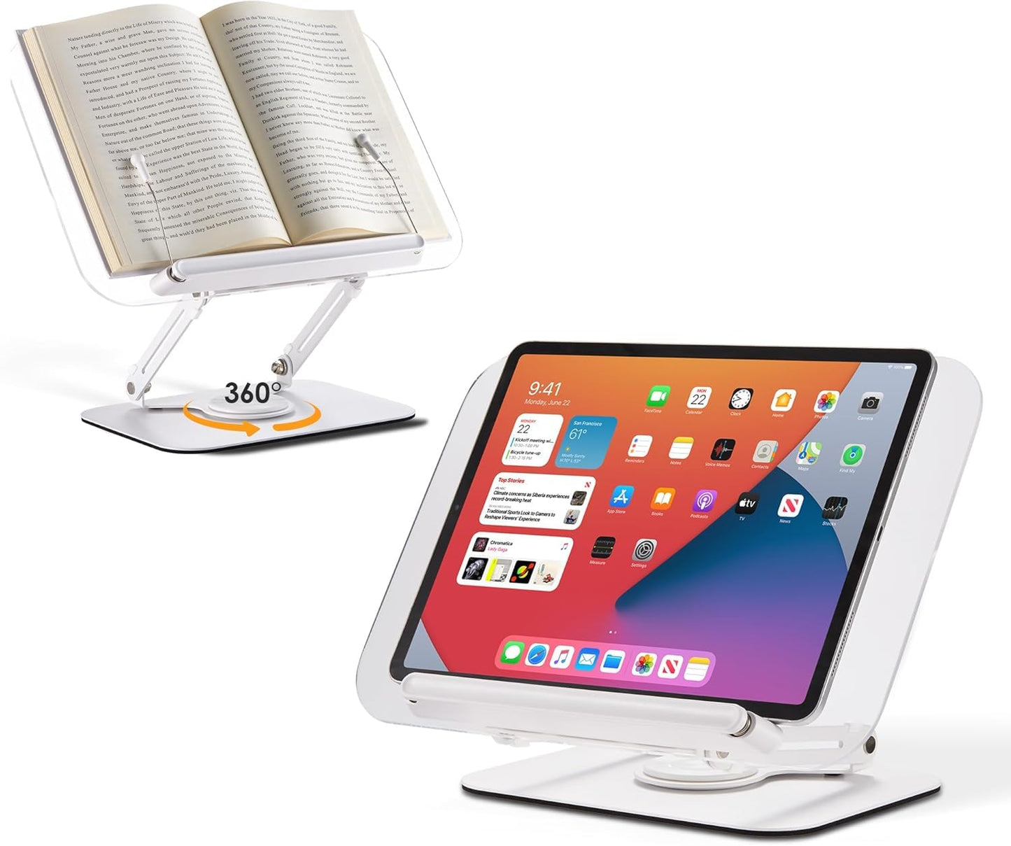 SupeDesk Acrylic Book Stand for Reading, Adjustable Cookbook Stand with 360° Rotating Aluminum Base, Foldable & Portable Tablet Holder, for 3.5-15 inch iPad, Laptop, Tablet, Kindle, Reading