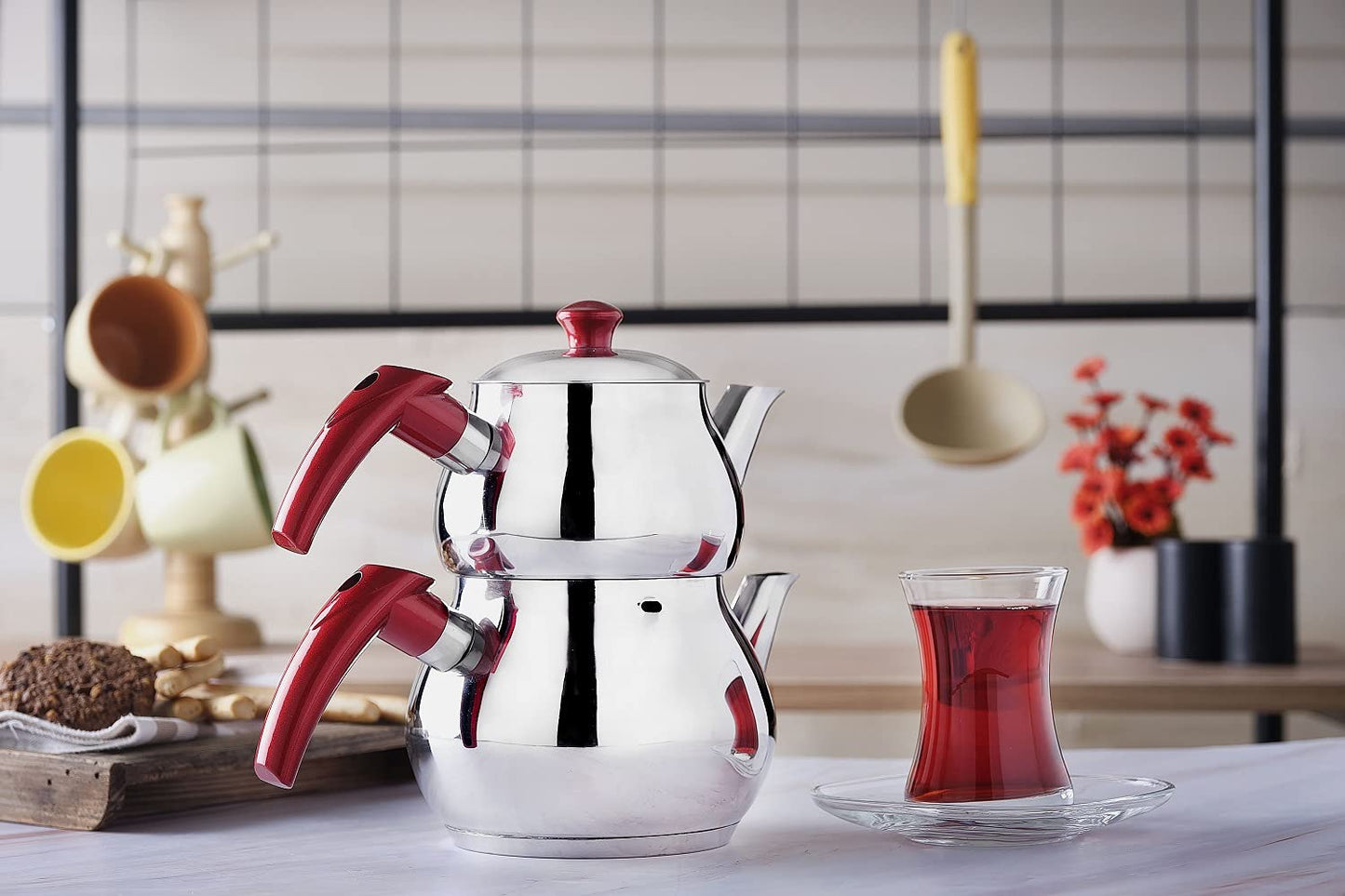 Turkish Teapot Set Stainless Steel Tea Maker for Stovetop | Double Tea Pot with Strainer | Samovar Style Tea Kettle Water Heater (Mini with Red Handles)