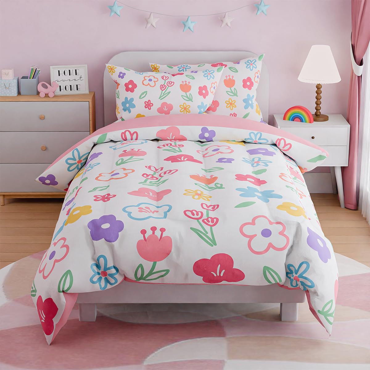 Floral Twin Bedding Sets for Girl, Ultra Soft Microfiber Comforter Bed Set with 3-Pieces, Flower Comforters Sets for Kids Children Girl Teen Tween Bedroom Décor