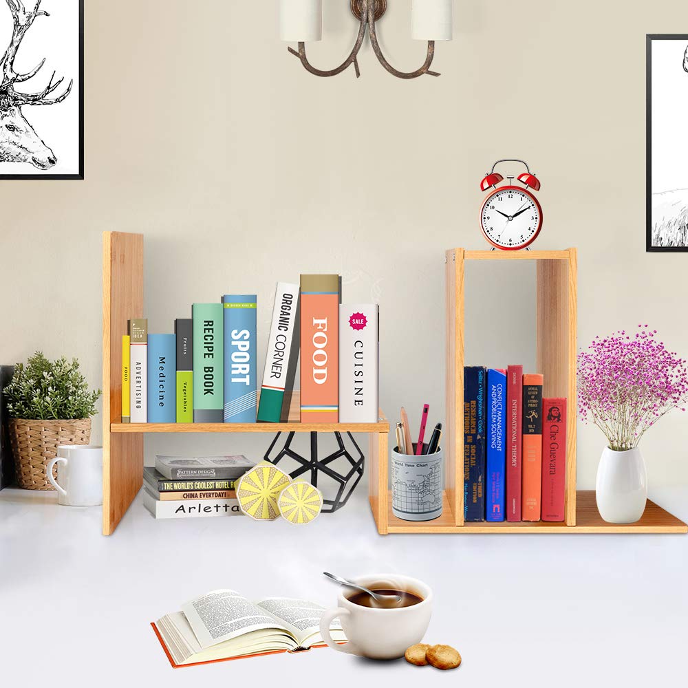 Widousy Adjustable Natural Wood Desktop Bookshelf Bamboo Desk Storage Organizer Display Shelf Rack, Counter Top Bookcase