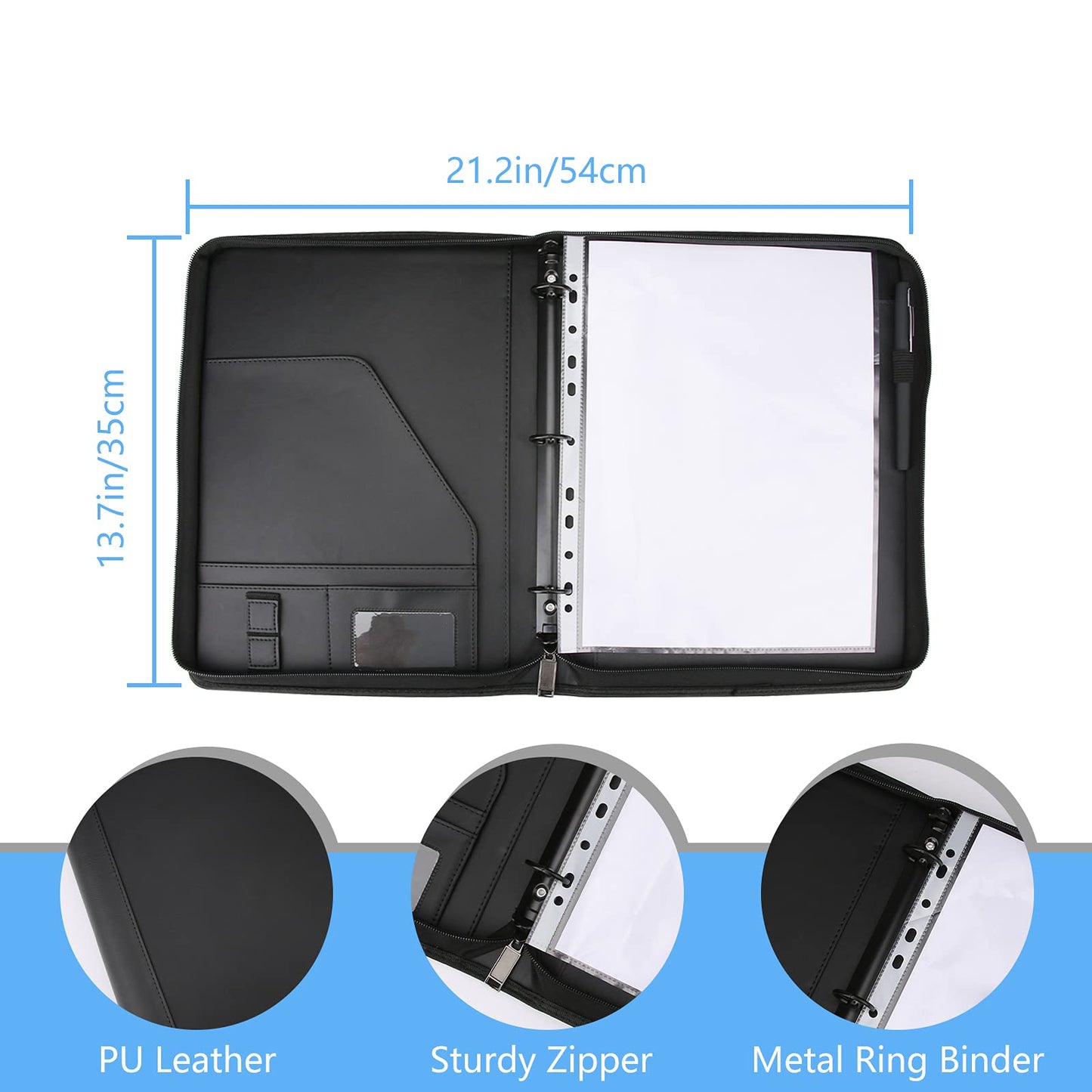 Laelr Zippered Portfolio 3 Ring Binder with 8 Pockes, Leather Business Padfolio with Zipper, A4 Document Binder Organizer for School Office