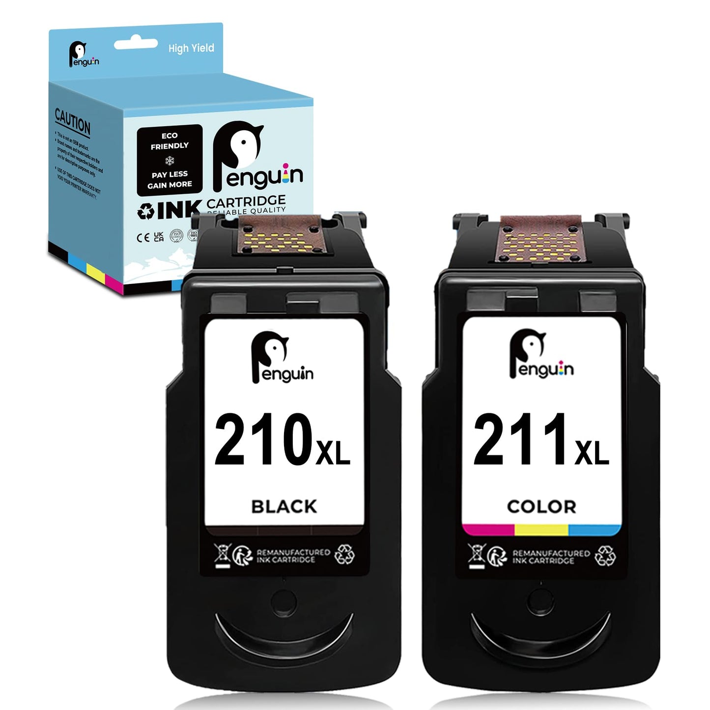 Penguin Ink Cartridges 210 211 XL for Canon PIXMA MP230 MP240 MP250 MP280 MP480 MP490 MP495 iP2702 IP2700 MX320 MX330 MX340 Printer Remanufactured High Yield PG-210XL CL-211XL Black and Color Combo