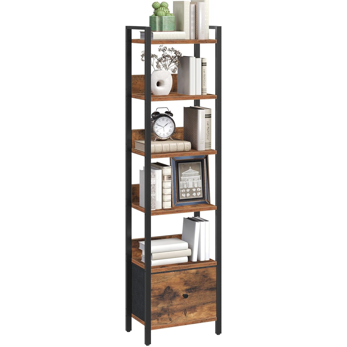 MAHANCRIS Bookshelf, 6 Tier Tall Narrow Bookcase with Drawer, Industrial Shelf Storage Organizer, Display Shelving Unit for Living Room, Home Office, Study, Rustic Brown and Black BKHR66101
