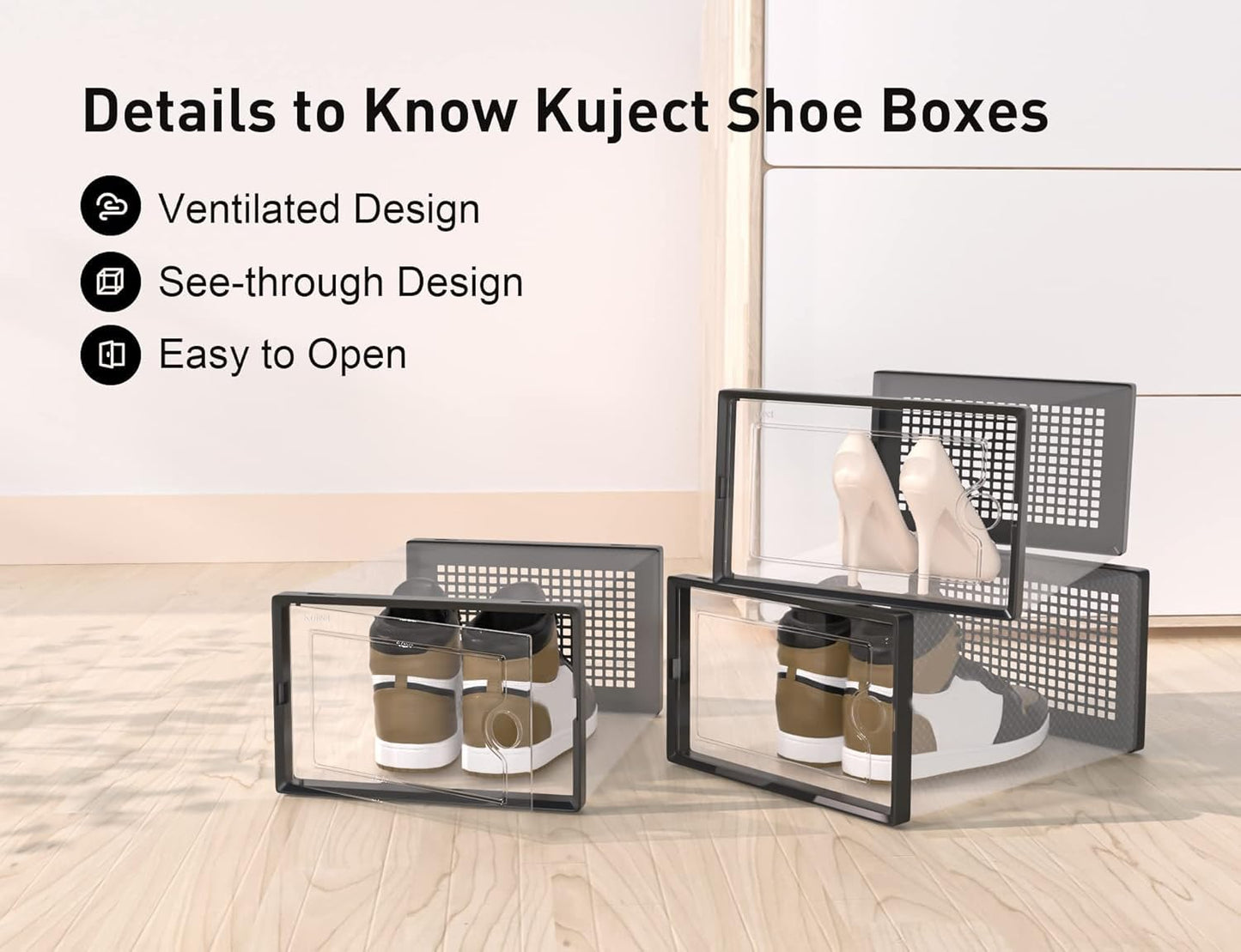 Kuject XX-Large Shoe Storage Boxes Organizers Fit Up to Size 14, Clear Plastic Stackable 12 Pack, Shoe Rack & Holder Substitute, Sneaker Containers, Toy Storage Bins for Entryway, Closet, Black